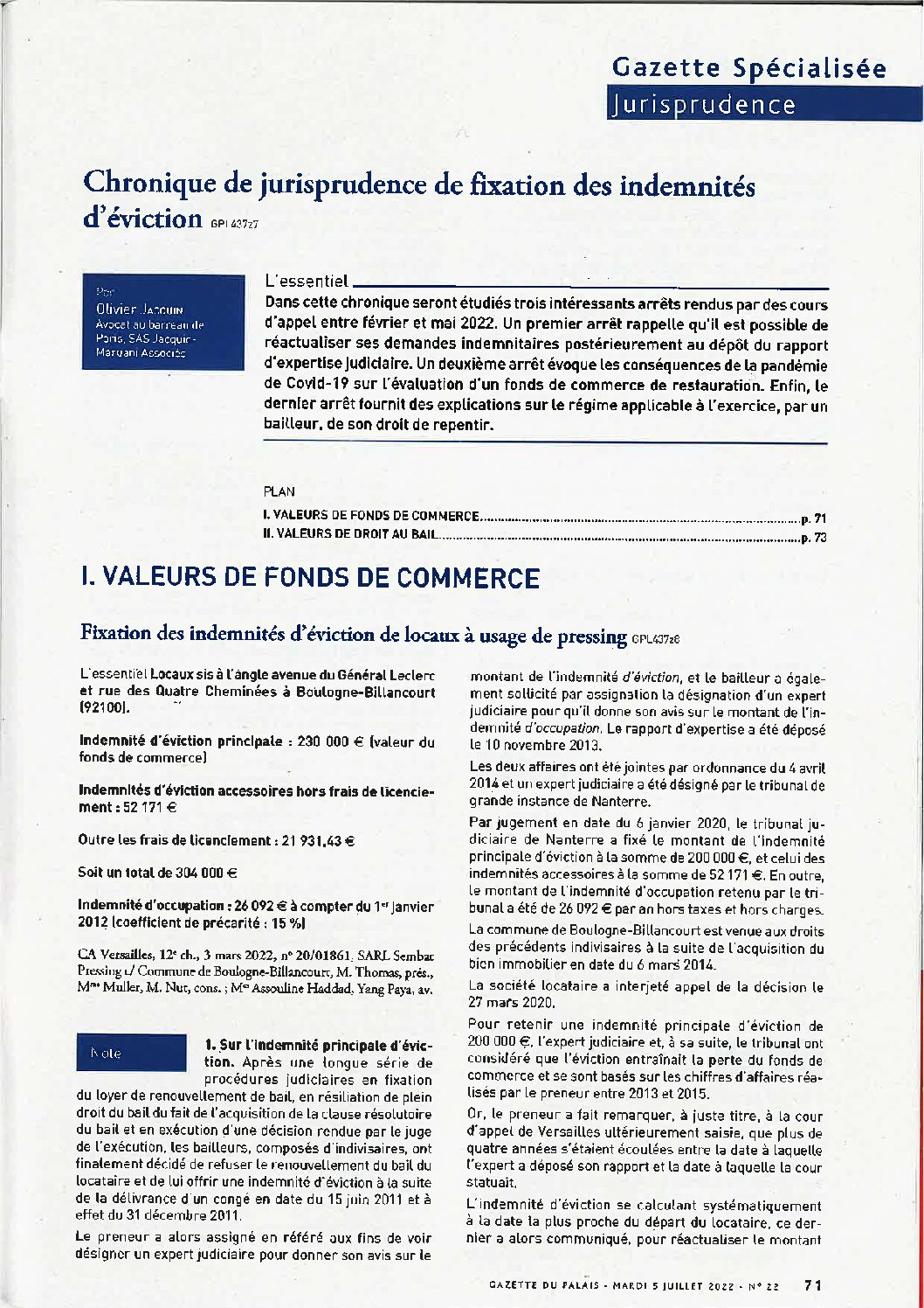 Article de la Gazette du Palais de juillet 2022.