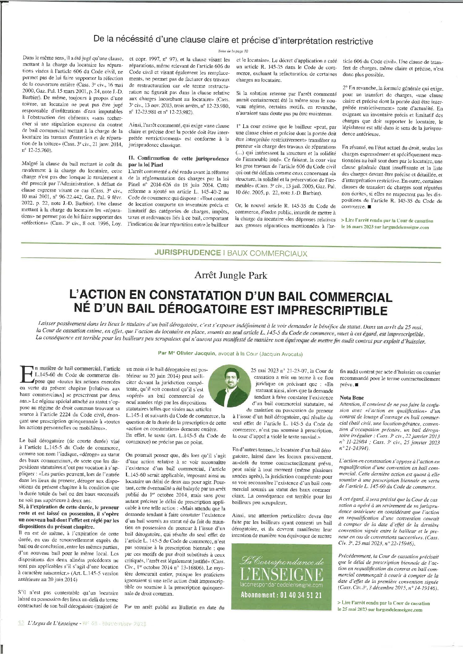 Article Correspondance de l’Enseigne Nov. 2023